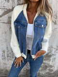 Women's Two-Tone Denim Zip-Up Jacket with Chest Pockets - Blue