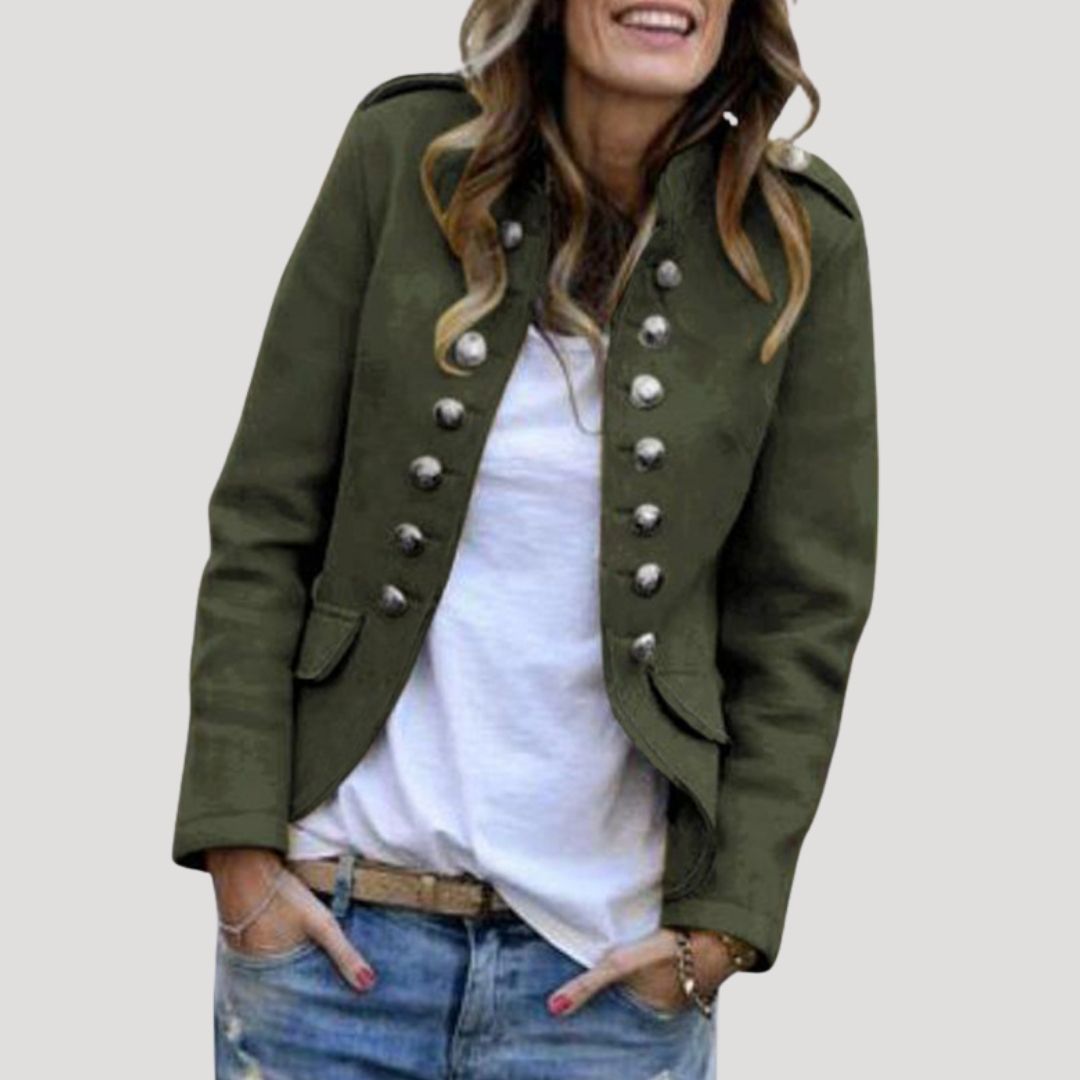 Women's Stand-Collar Military Cropped Jacket with Flap Pockets - Olive Green