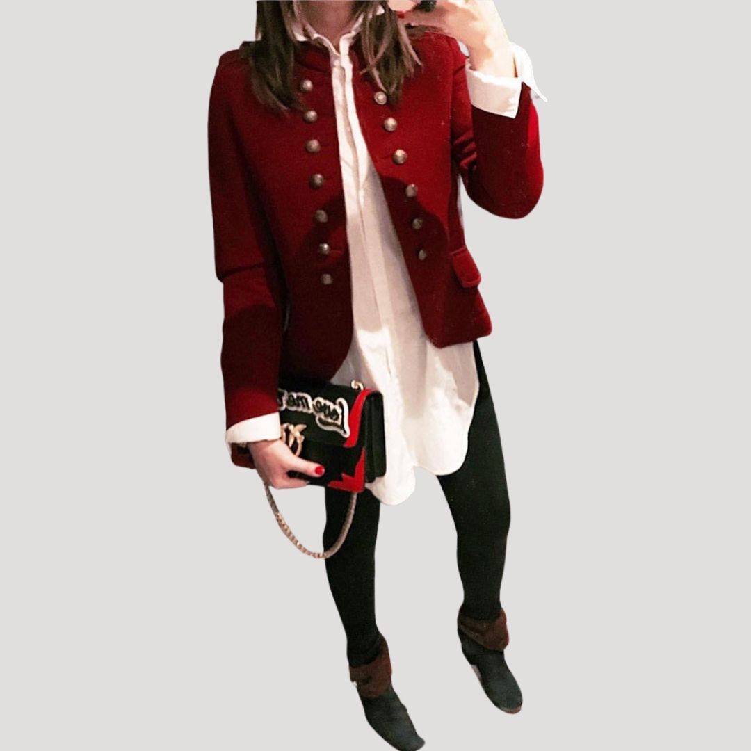 Women's Stand-Collar Military Cropped Jacket with Flap Pockets - Wine Red