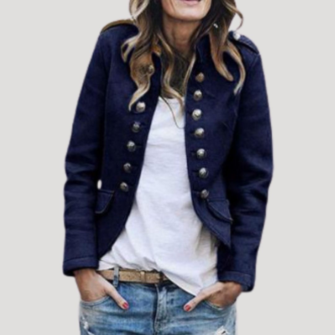 Women's Stand-Collar Military Cropped Jacket with Flap Pockets - Navy Blue