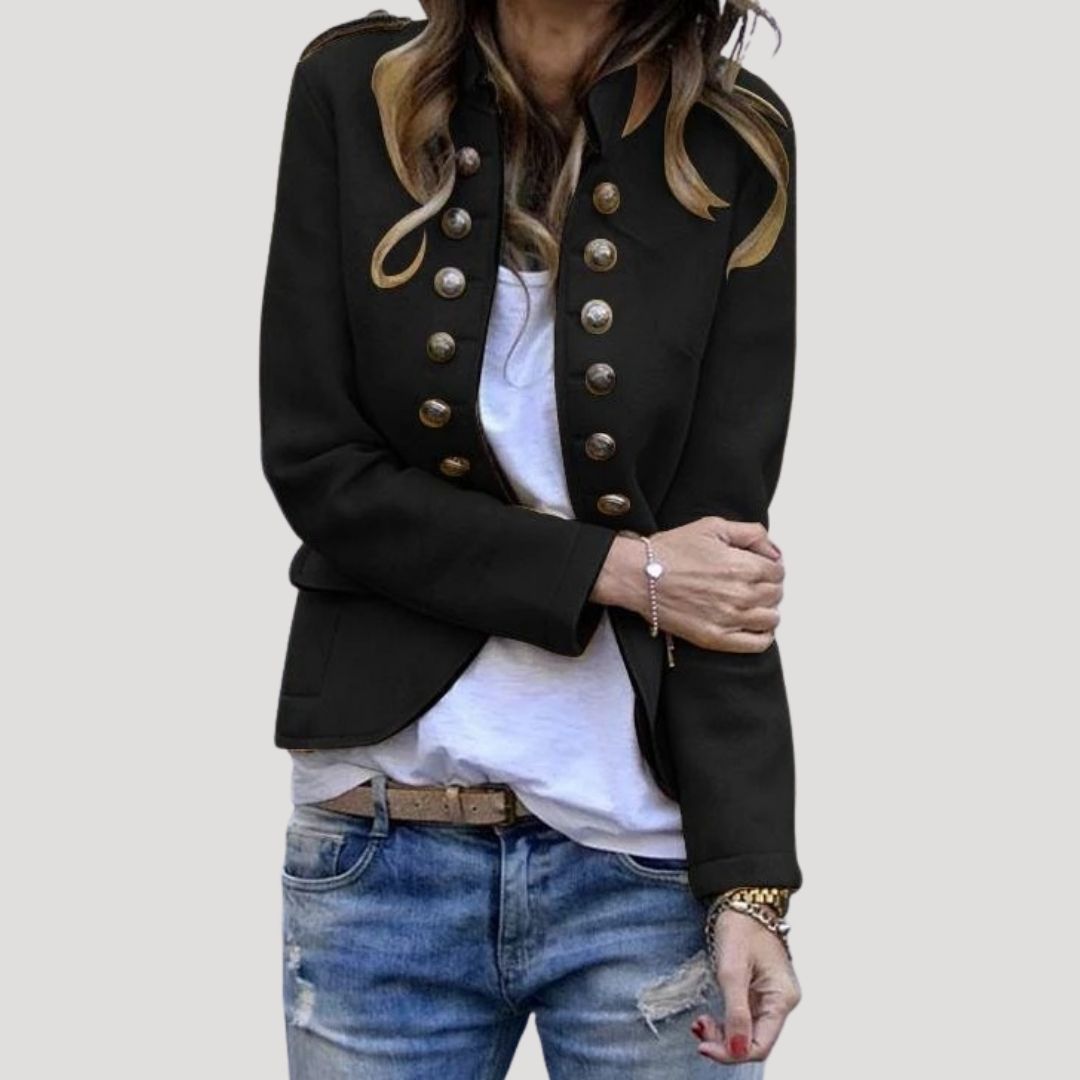 Women's Stand-Collar Military Cropped Jacket with Flap Pockets - Black