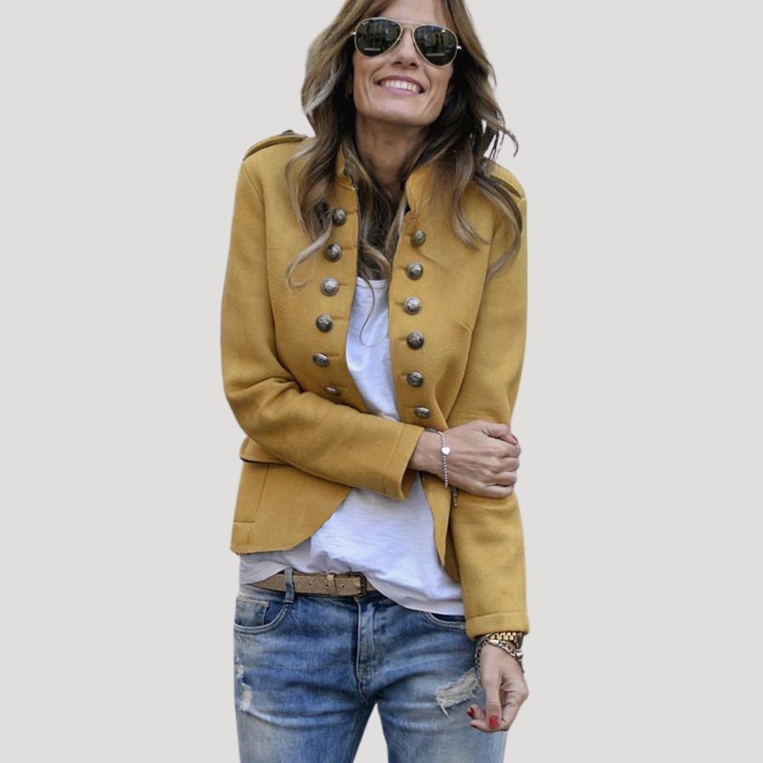 Women's Stand-Collar Military Cropped Jacket with Flap Pockets - Mustard Yellow