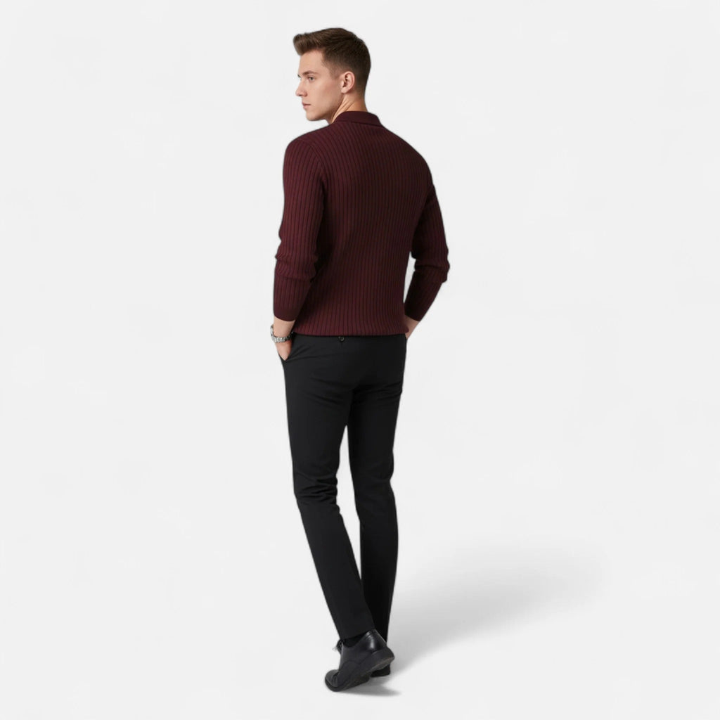 Men's Ribbed Long Sleeve Polo Shirt Refined Collared Top