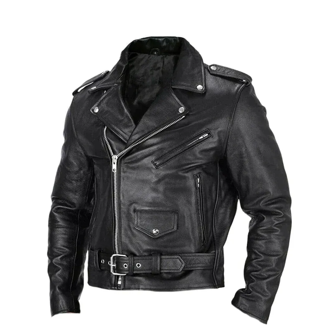 Men's Black Leather Moto Jacket with Snap Lapels - Black