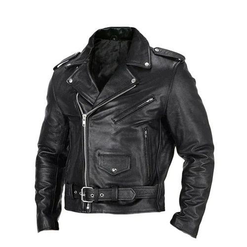 Men's Black Leather Moto Jacket with Snap Lapels - Black