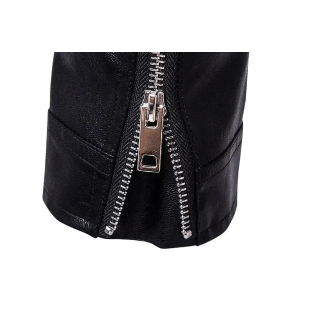 Men's Black Leather Moto Jacket with Snap Lapels