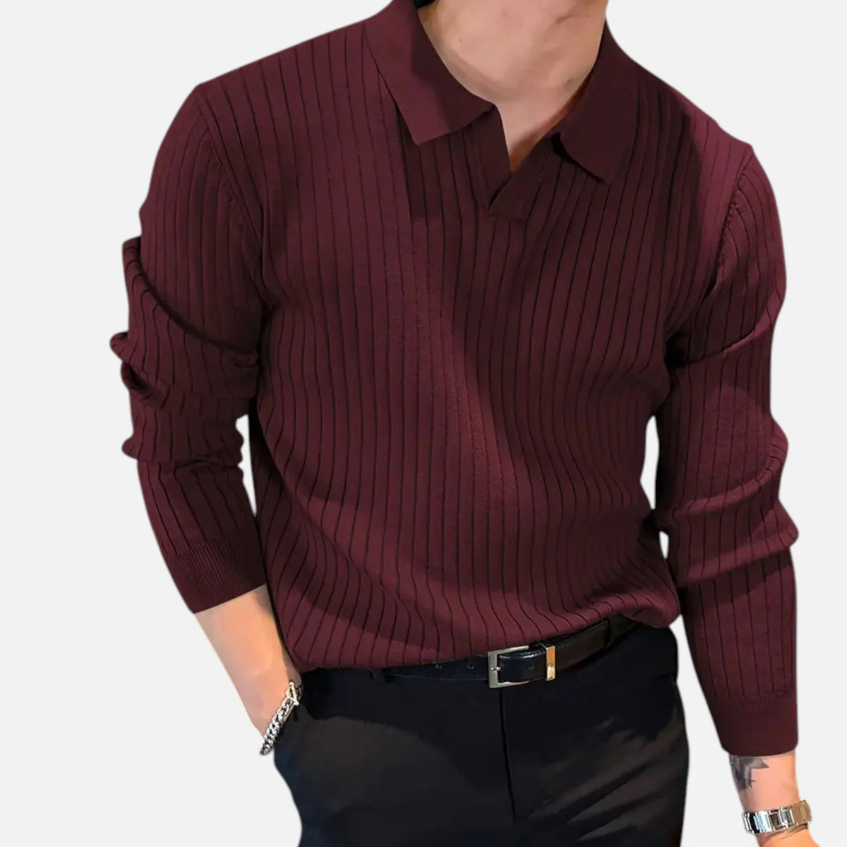 Men's Ribbed Long Sleeve Polo Shirt Refined Collared Top