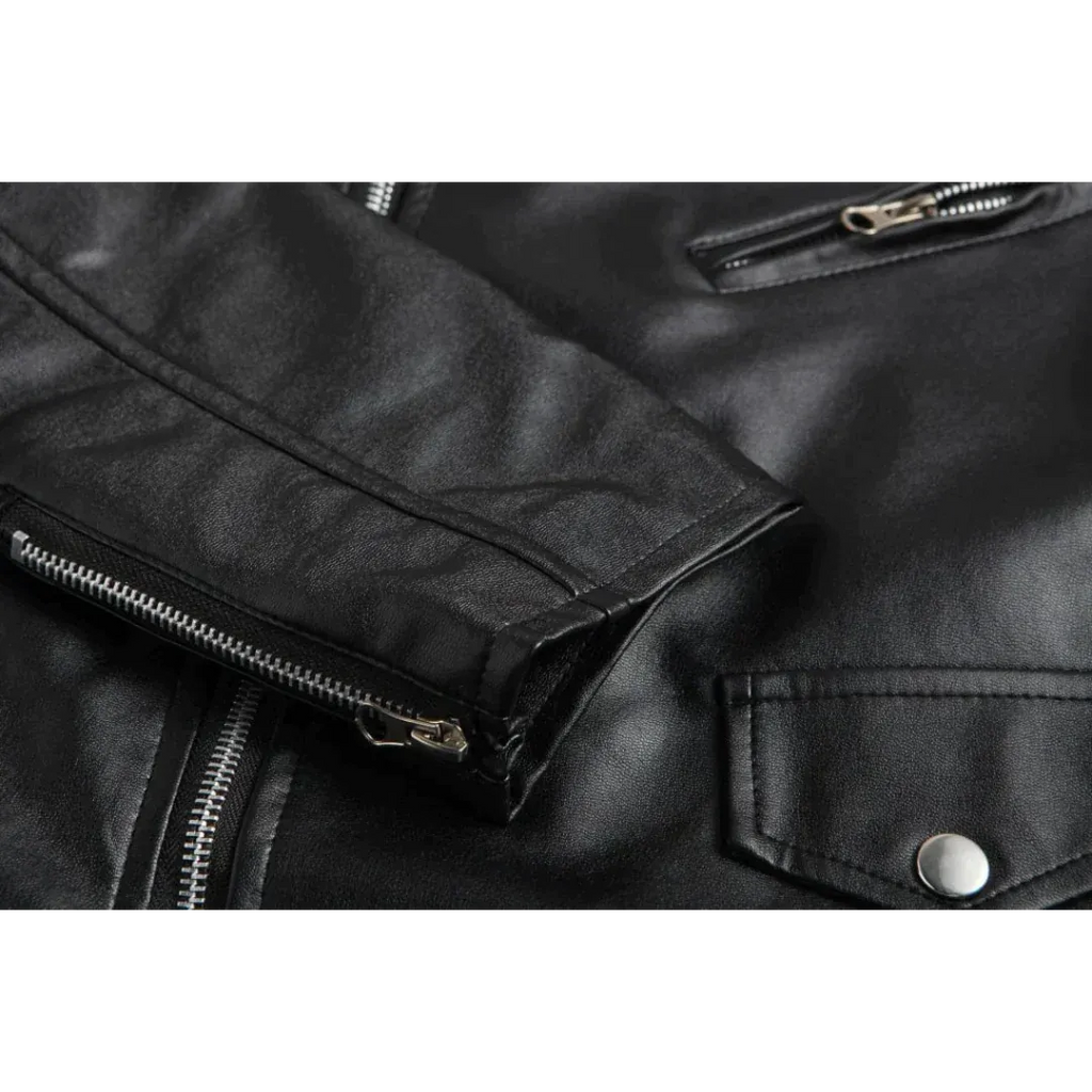 Men's Black Leather Moto Jacket with Snap Lapels