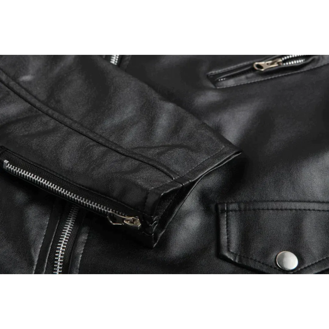 Men's Black Leather Moto Jacket with Snap Lapels
