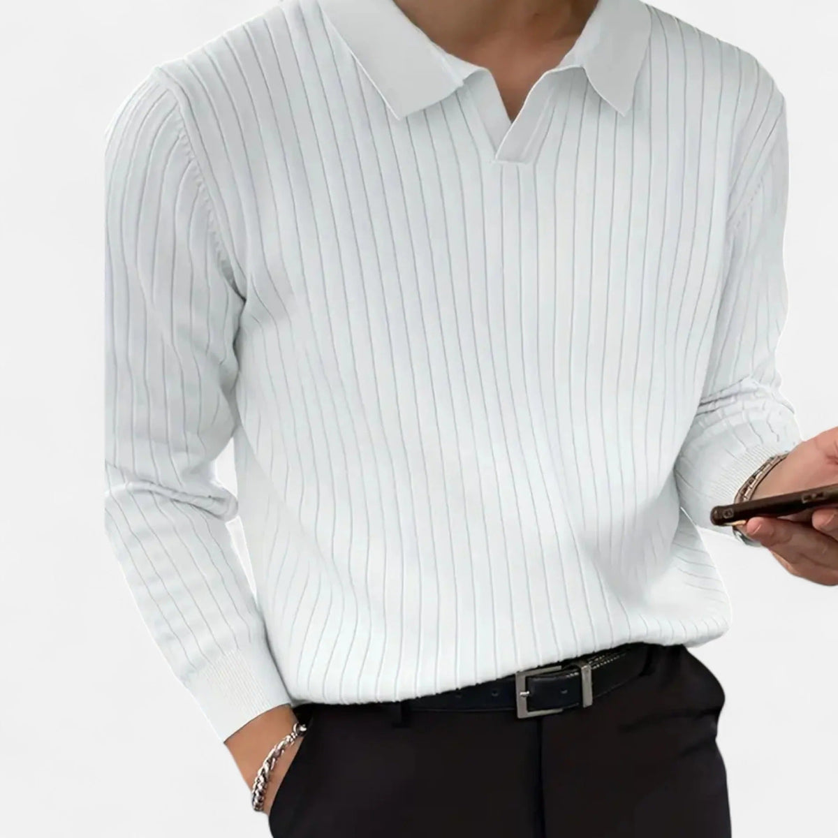 Men's Ribbed Long Sleeve Polo Shirt Refined Collared Top