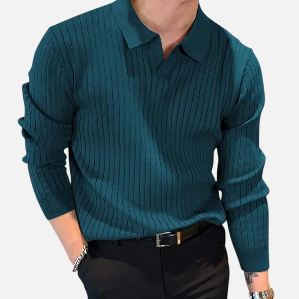 Men's Ribbed Long Sleeve Polo Shirt Refined Collared Top
