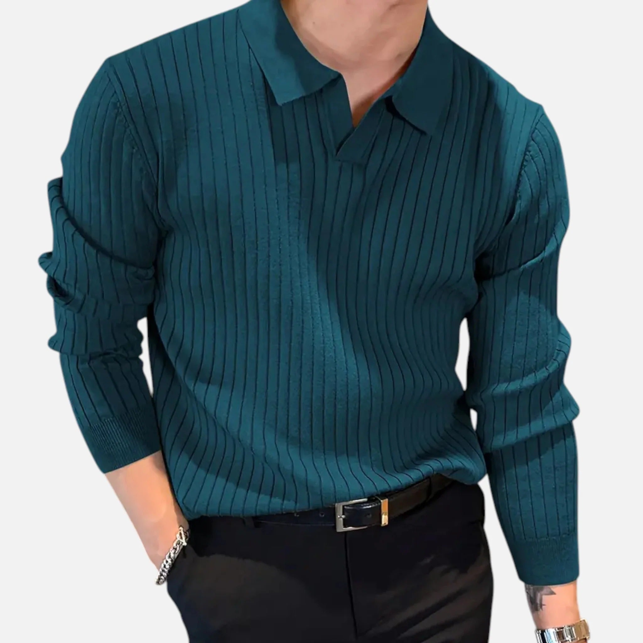 Men's Ribbed Long Sleeve Polo Shirt Refined Collared Top