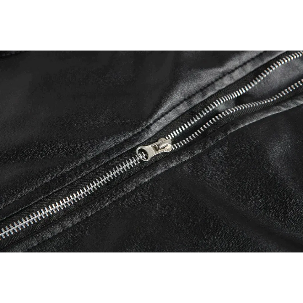 Men's Black Leather Moto Jacket with Snap Lapels
