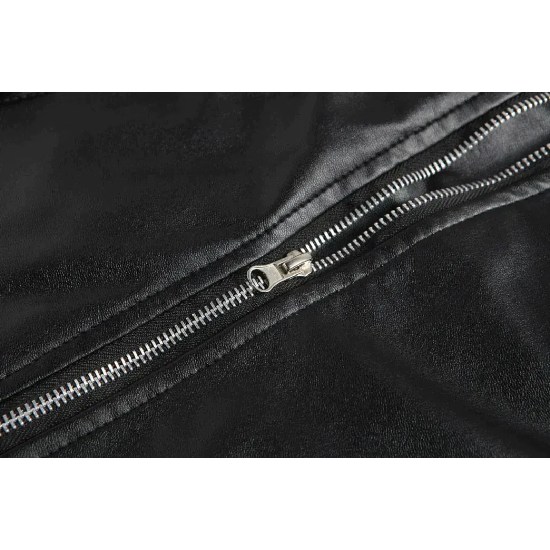 Men's Black Leather Moto Jacket with Snap Lapels