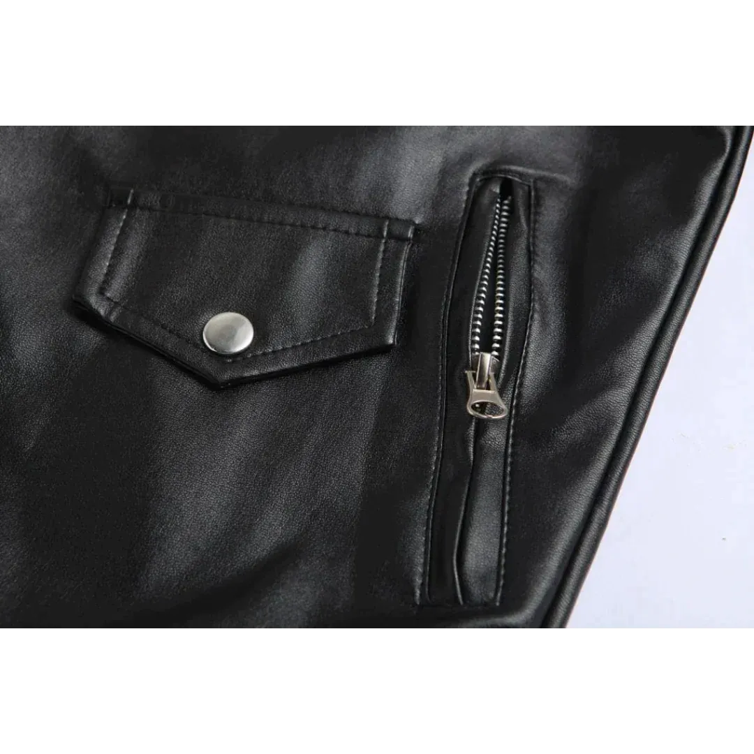 Men's Black Leather Moto Jacket with Snap Lapels