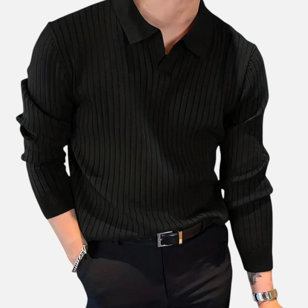 Men's Ribbed Long Sleeve Polo Shirt Refined Collared Top