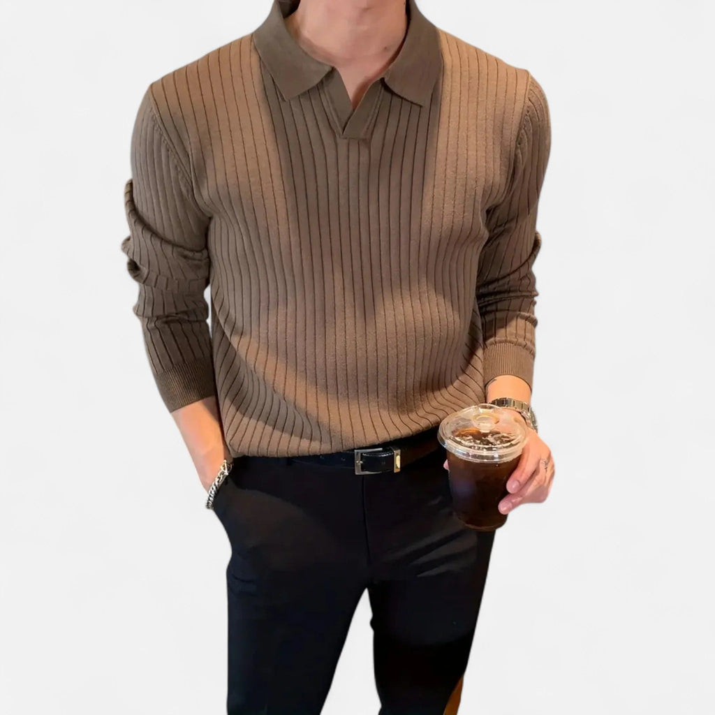 Men's Ribbed Long Sleeve Polo Shirt Refined Collared Top