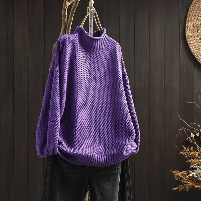 Women's Hip-Length Wool Sweater with Raised Pattern - Purple