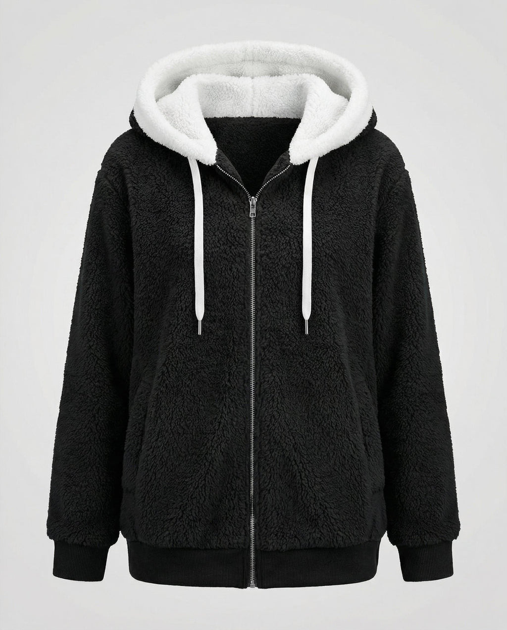 Women's Roomy Hooded Fleece Zip Jacket with Sherpa Lining - Black