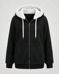 Women's Roomy Hooded Fleece Zip Jacket with Sherpa Lining - Black