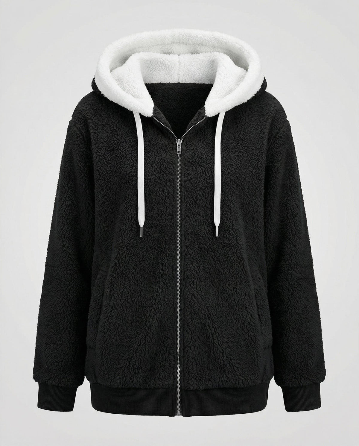 Women's Roomy Hooded Fleece Zip Jacket with Sherpa Lining - Black