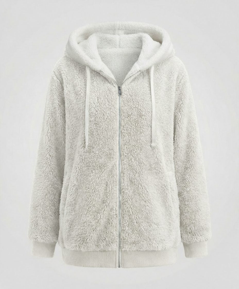Women's Roomy Hooded Fleece Zip Jacket with Sherpa Lining - Snow White