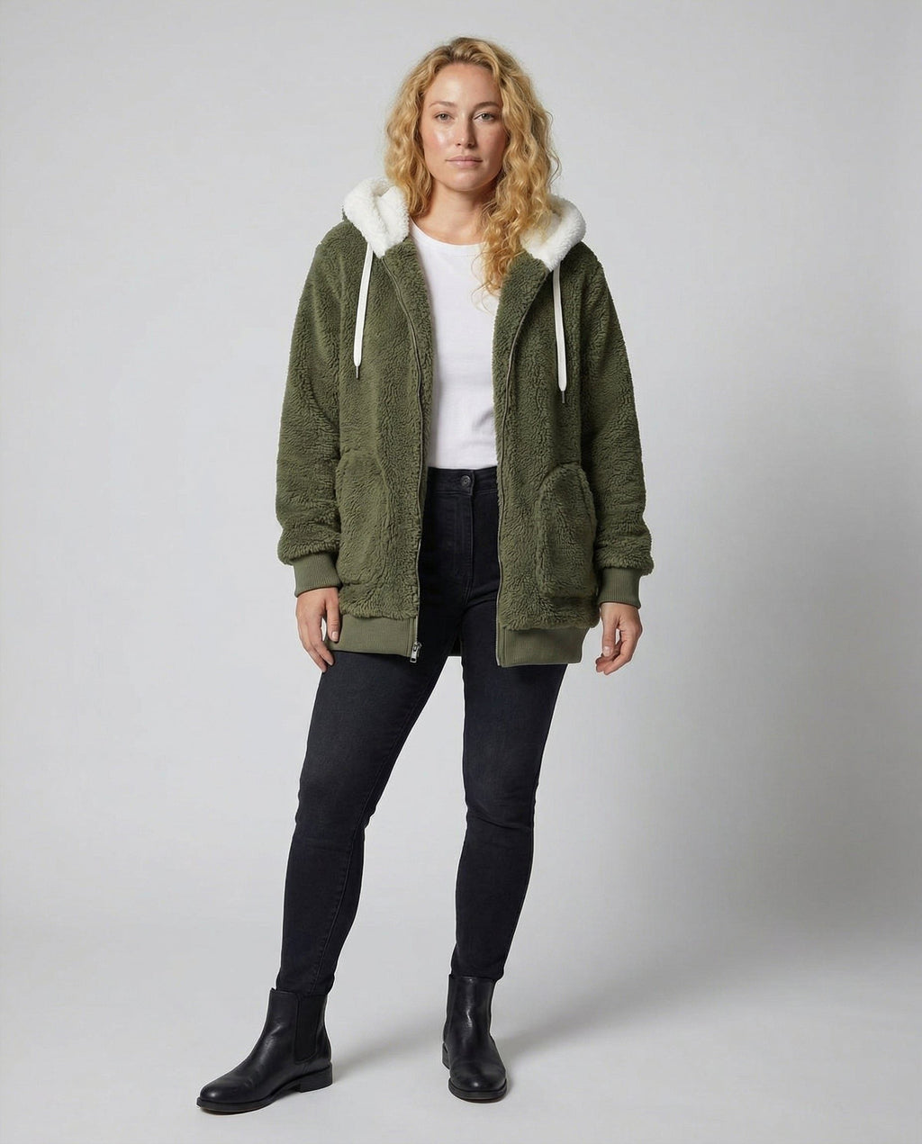 Women's Roomy Hooded Fleece Zip Jacket with Sherpa Lining