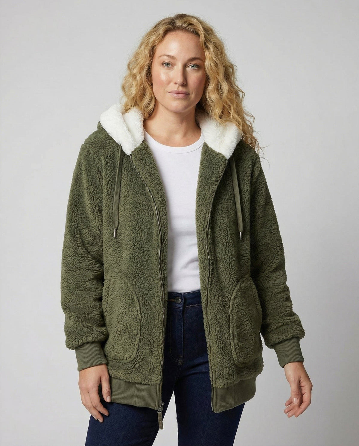 Women's Roomy Hooded Fleece Zip Jacket with Sherpa Lining - Olive
