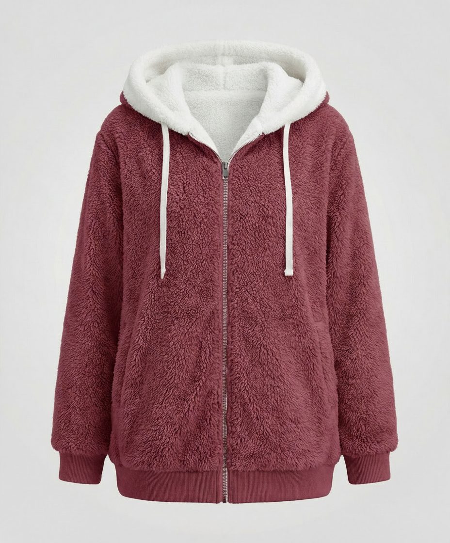 Women's Roomy Hooded Fleece Zip Jacket with Sherpa Lining - Burgundy