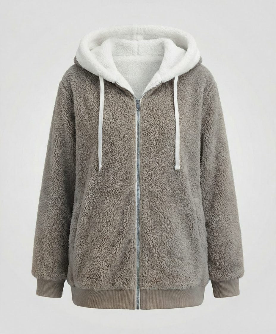 Women's Roomy Hooded Fleece Zip Jacket with Sherpa Lining - Charcoal