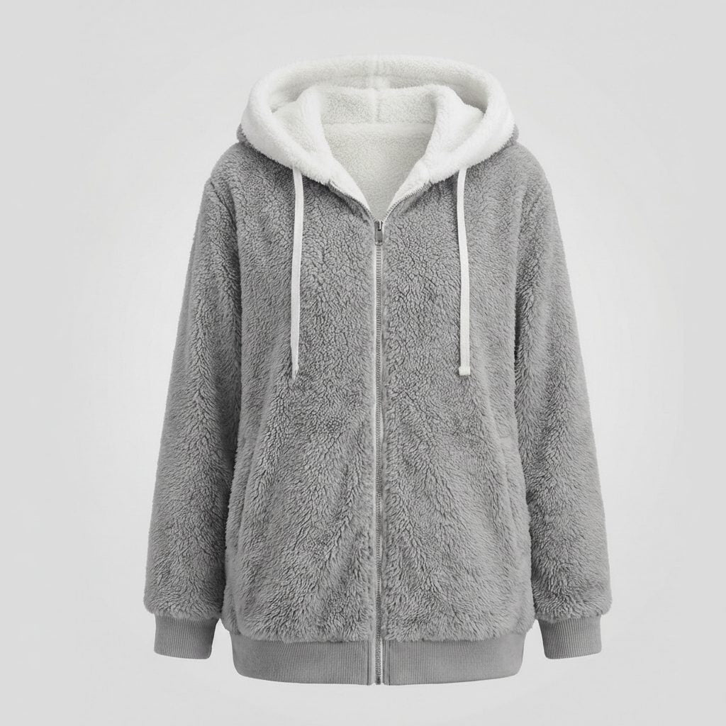 Women's Roomy Hooded Fleece Zip Jacket with Sherpa Lining - Light Gray