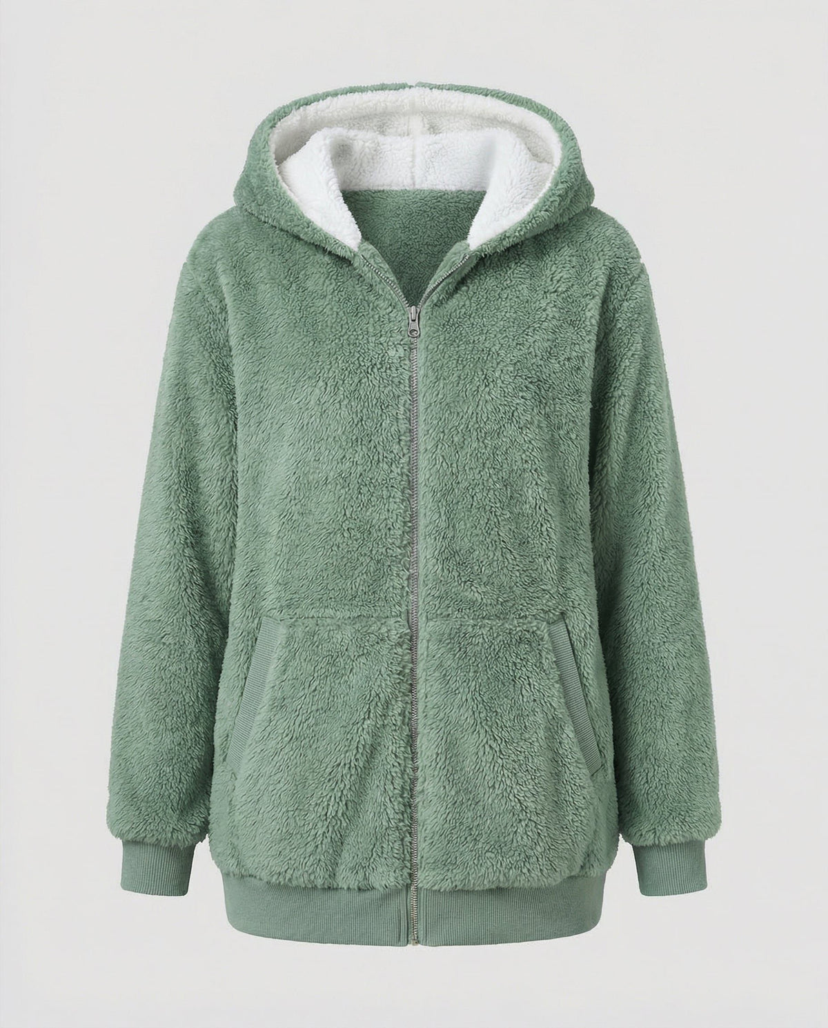 Women's Roomy Hooded Fleece Zip Jacket with Sherpa Lining - Pine Green
