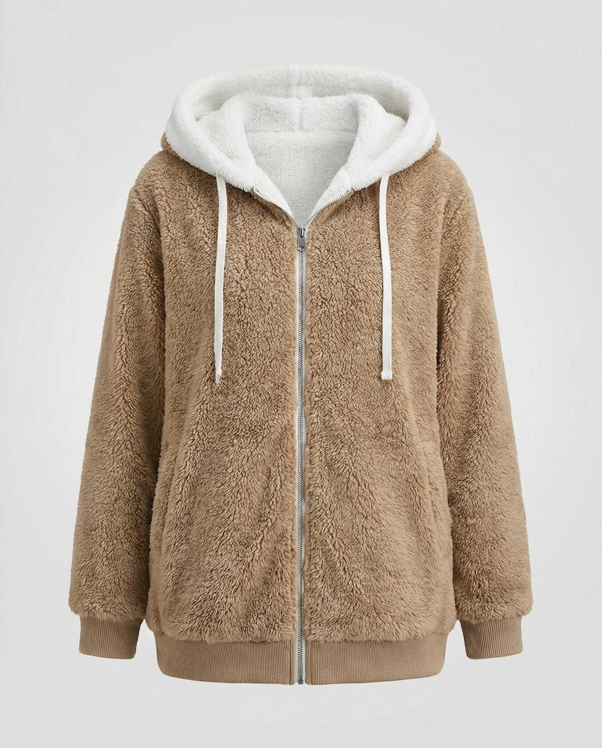 Women's Roomy Hooded Fleece Zip Jacket with Sherpa Lining - Sand