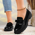 Women's Glossy Bow-Front Loafers on a Lug Platform - Black