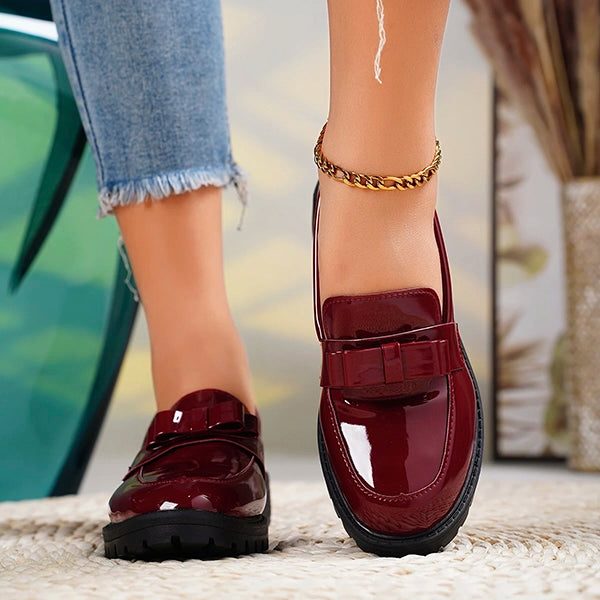 Women's Glossy Bow-Front Loafers on a Lug Platform - Red