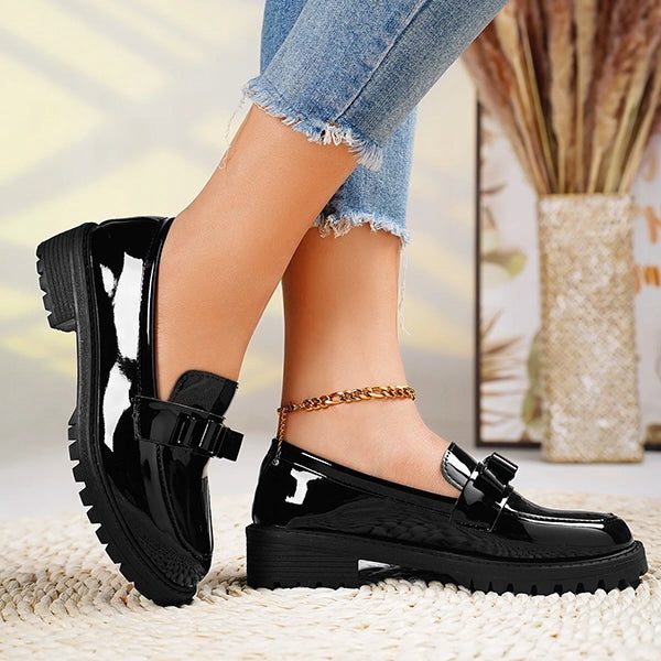 Women's Glossy Bow-Front Loafers on a Lug Platform