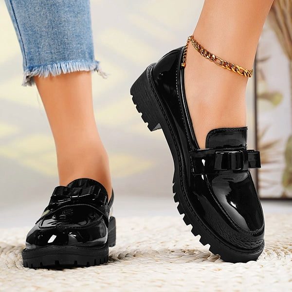 Women's Glossy Bow-Front Loafers on a Lug Platform
