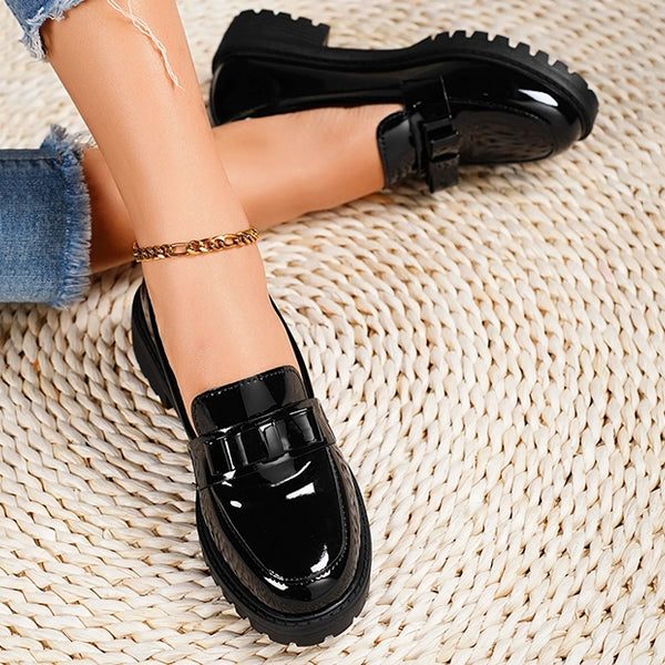 Women's Glossy Bow-Front Loafers on a Lug Platform