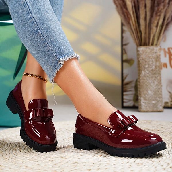 Women's Glossy Bow-Front Loafers on a Lug Platform