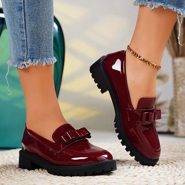 Women's Glossy Bow-Front Loafers on a Lug Platform