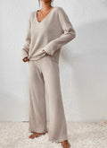 Women's Matching Knit Lounge Set with Wide-Leg Pants - Beige