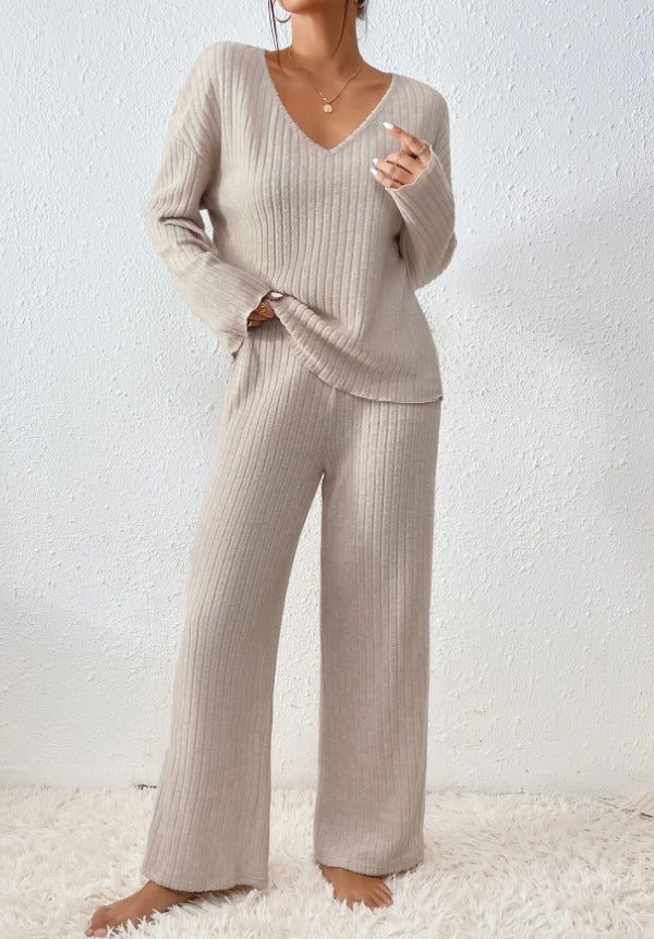 Women's Matching Knit Lounge Set with Wide-Leg Pants
