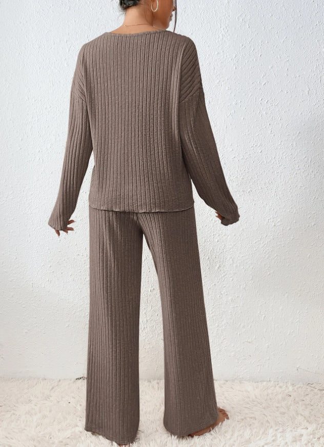 Women's Matching Knit Lounge Set with Wide-Leg Pants