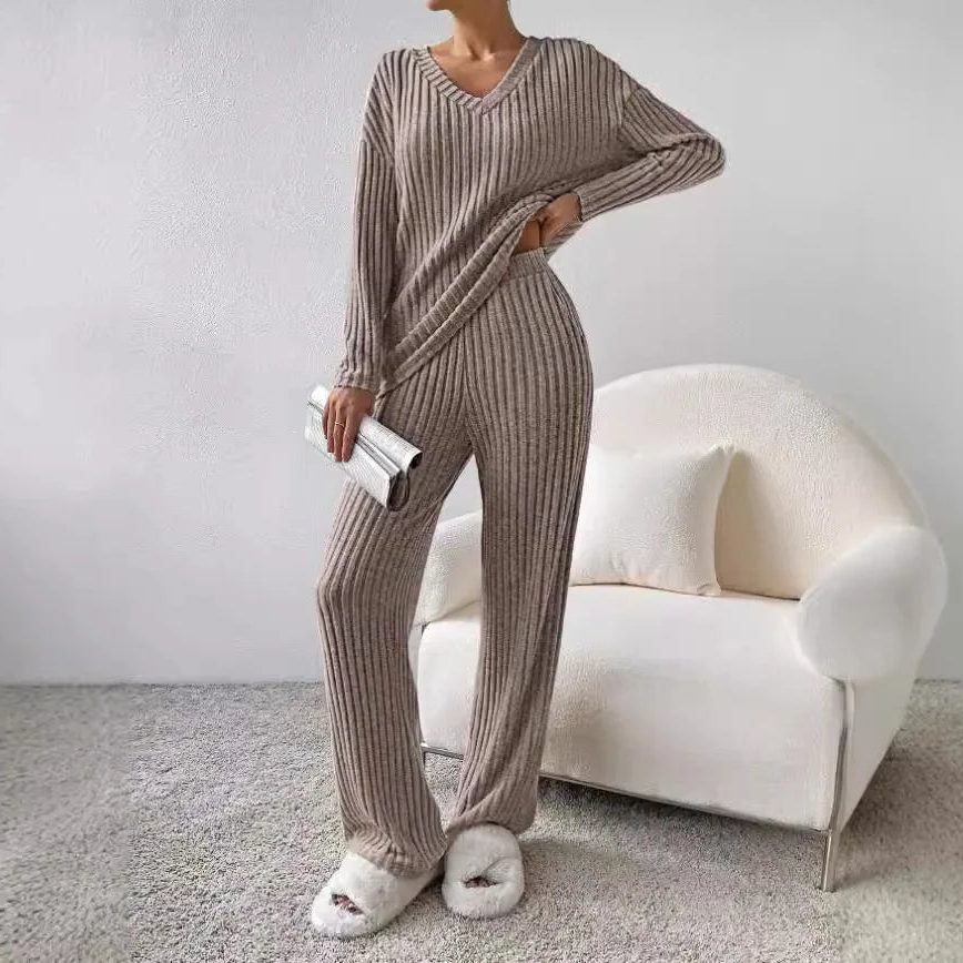 Women's Matching Knit Lounge Set with Wide-Leg Pants - Light Brown