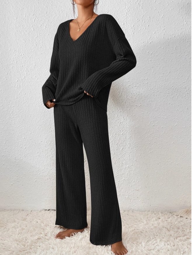 Women's Matching Knit Lounge Set with Wide-Leg Pants - Black