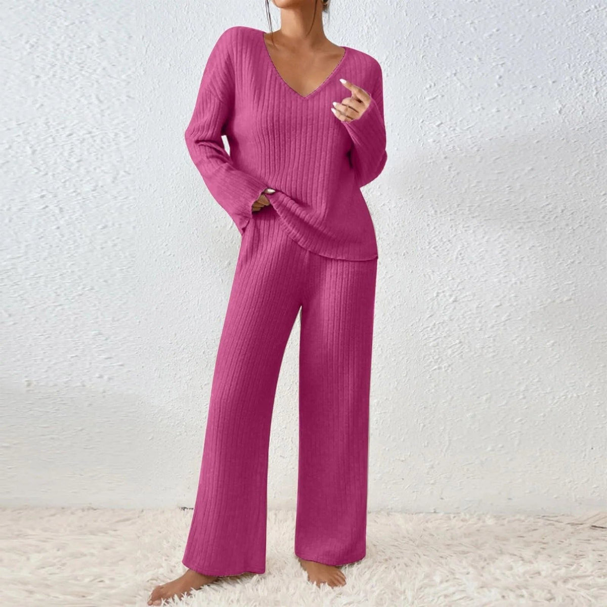 Women's Matching Knit Lounge Set with Wide-Leg Pants - Pink