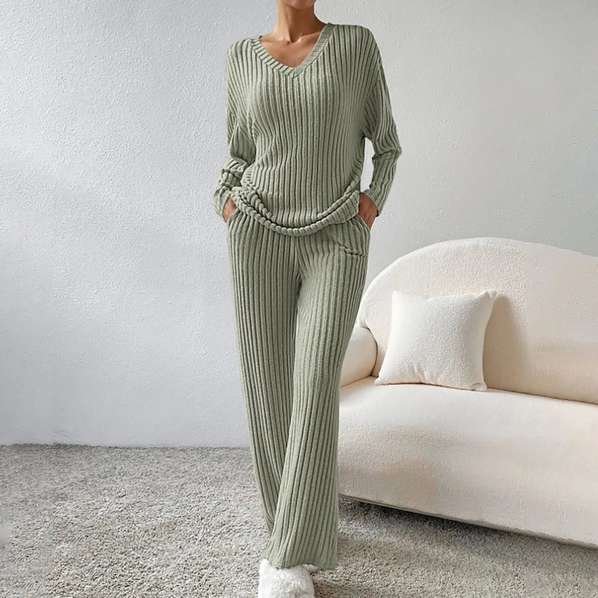 Women's Matching Knit Lounge Set with Wide-Leg Pants - Olive Green