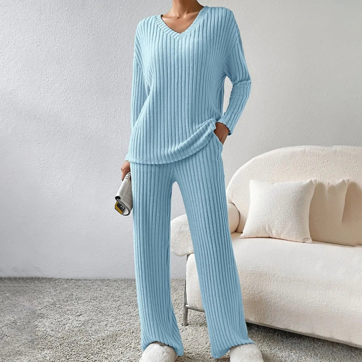 Women's Matching Knit Lounge Set with Wide-Leg Pants - Baby Blue