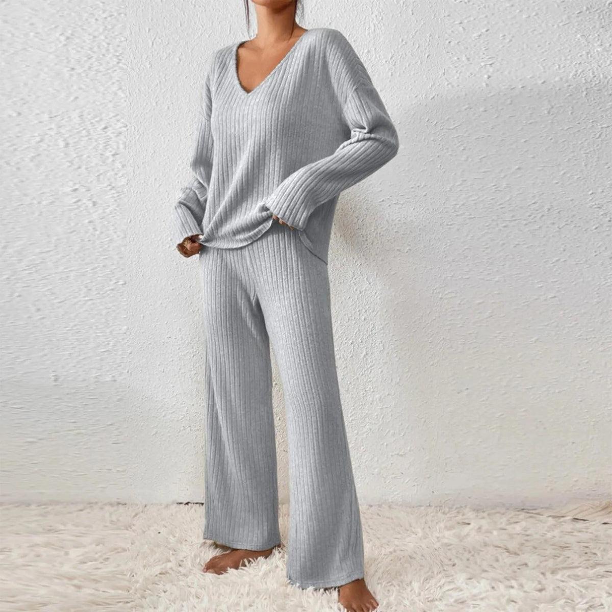 Women's Matching Knit Lounge Set with Wide-Leg Pants - Gray