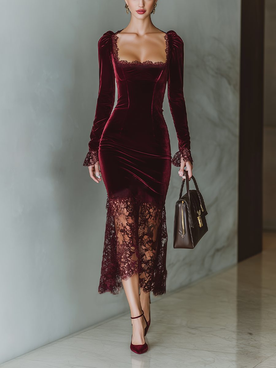 Women's Lace-Edged Velvet Formal Dress with Square Neckline - Burgundy